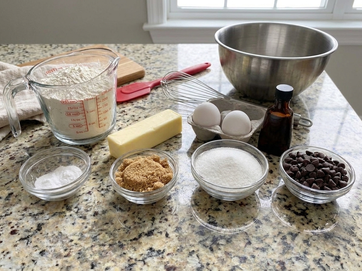 Flour, baking soda, salt, butter, brown sugar, white sugar, eggs, vanilla, and chocolate chips arranged on a kitchen counter