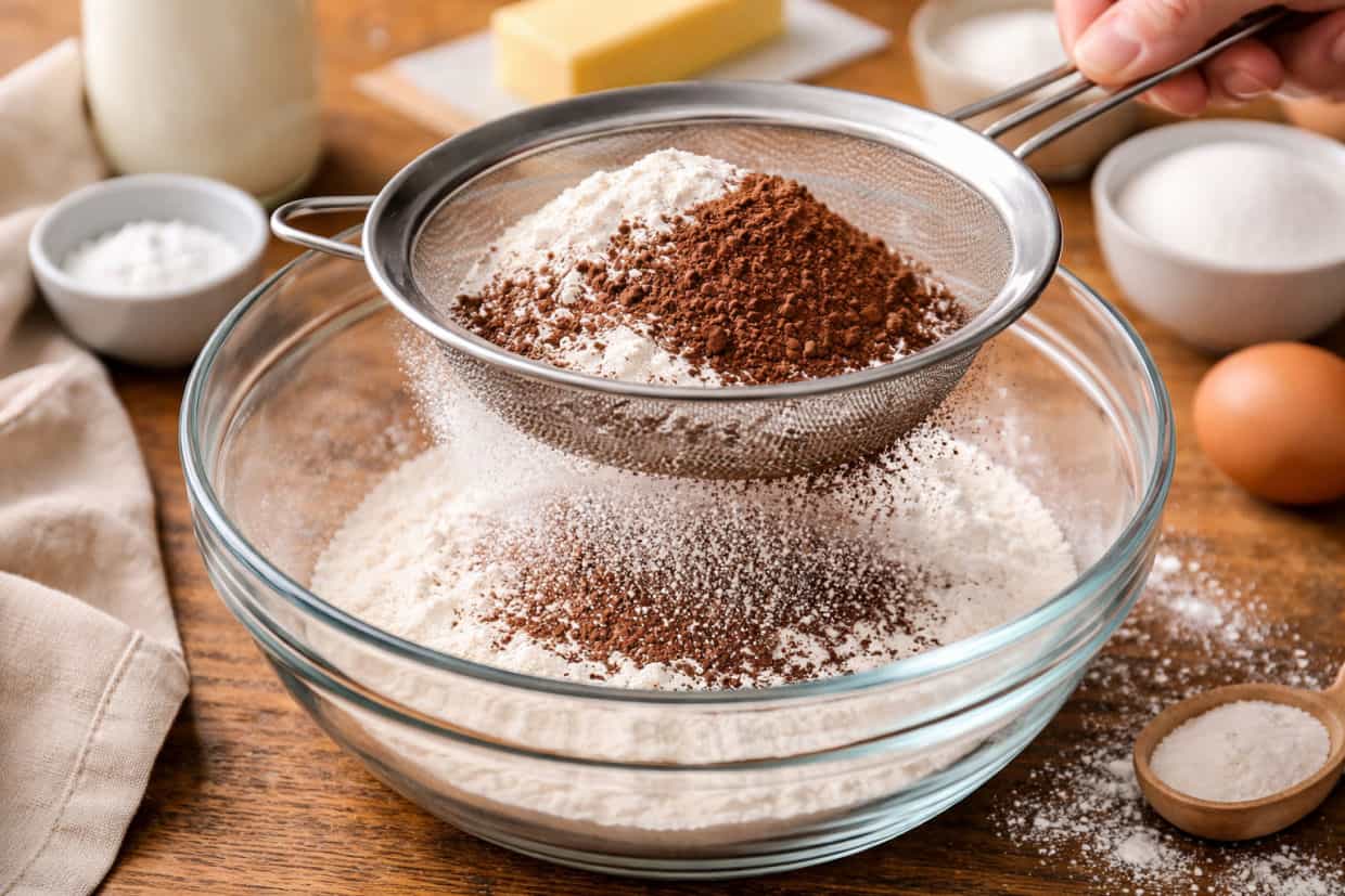 Flour being sifted into a mixing bowl on a kitchen counter with a sieve and measuring spoon nearby