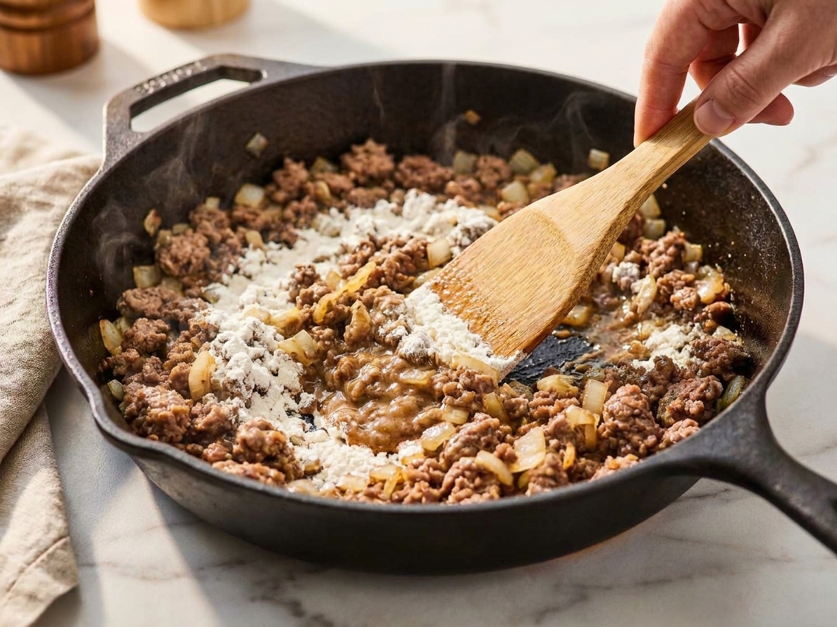 Flour being stirred into browned ground beef in a skillet to form a thick paste