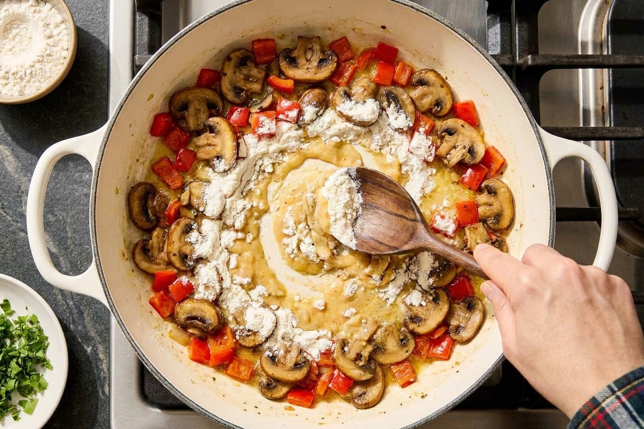 Flour being stirred into sautéed mushrooms and peppers in a skillet to form a roux