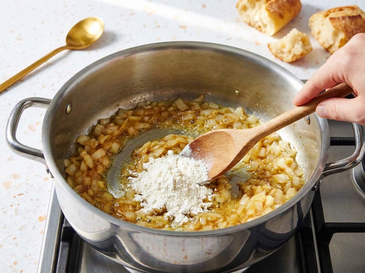 Flour being stirred into sautéed onions in a pot, forming a thick paste