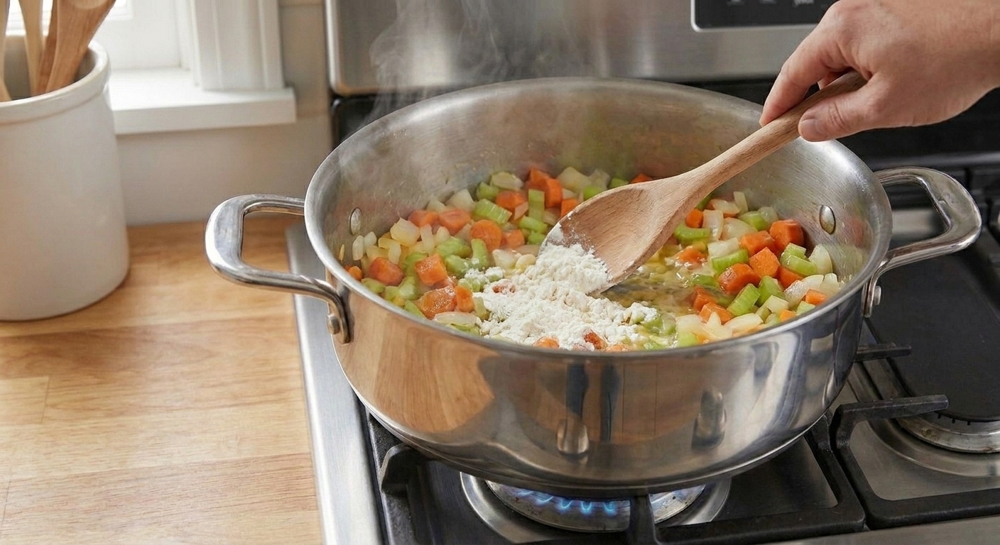 Flour being stirred into sautéed vegetables in a pot to form a roux
