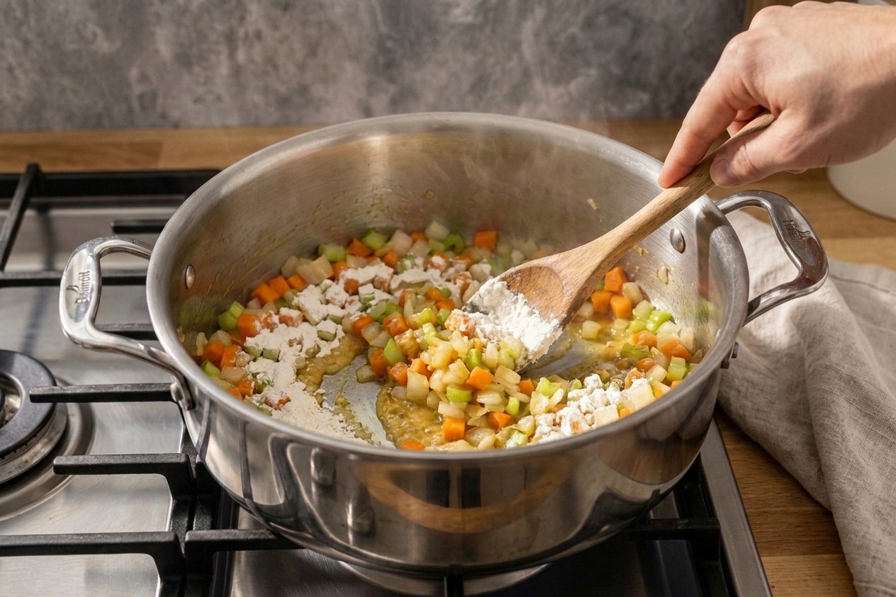 Flour being stirred into sautéed vegetables in a soup pot, forming a thick paste along the bottom