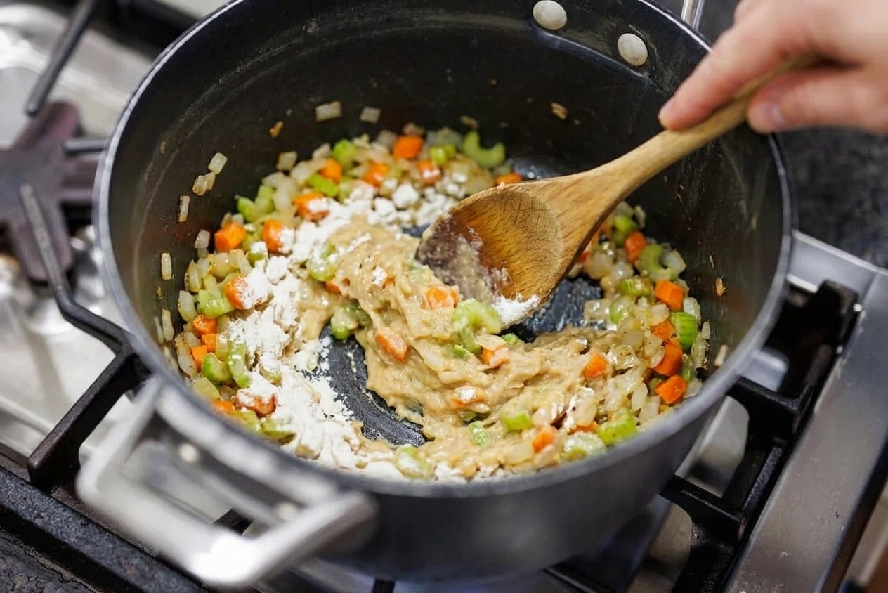 Flour being stirred into sautéed vegetables in a soup pot, forming a thick paste at the bottom