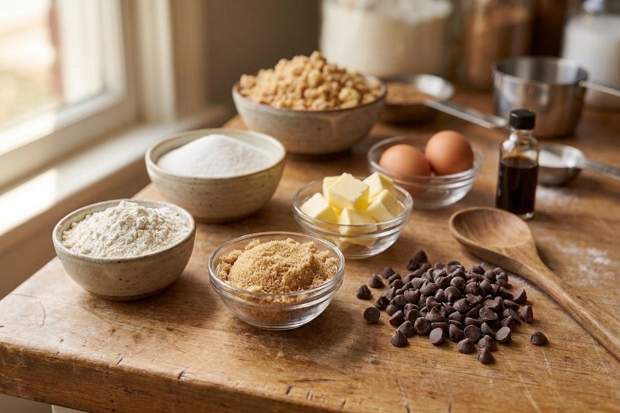 Flour, brown sugar, butter, eggs, vanilla, and chocolate chips arranged on a bright kitchen counter