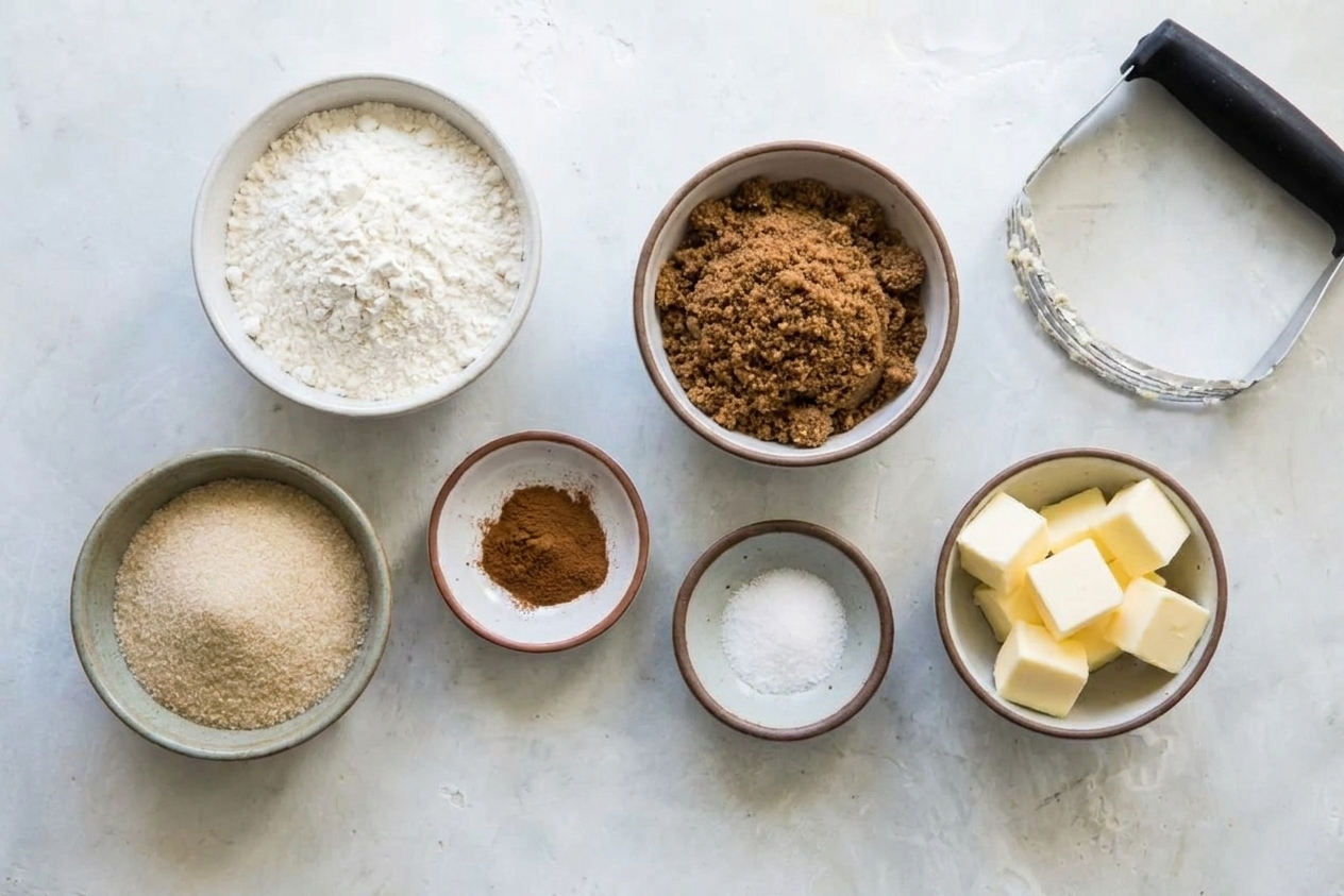 Flour, brown sugar, granulated sugar, cinnamon, salt, and cubed butter measured out in small bowls on a clean kitchen counter