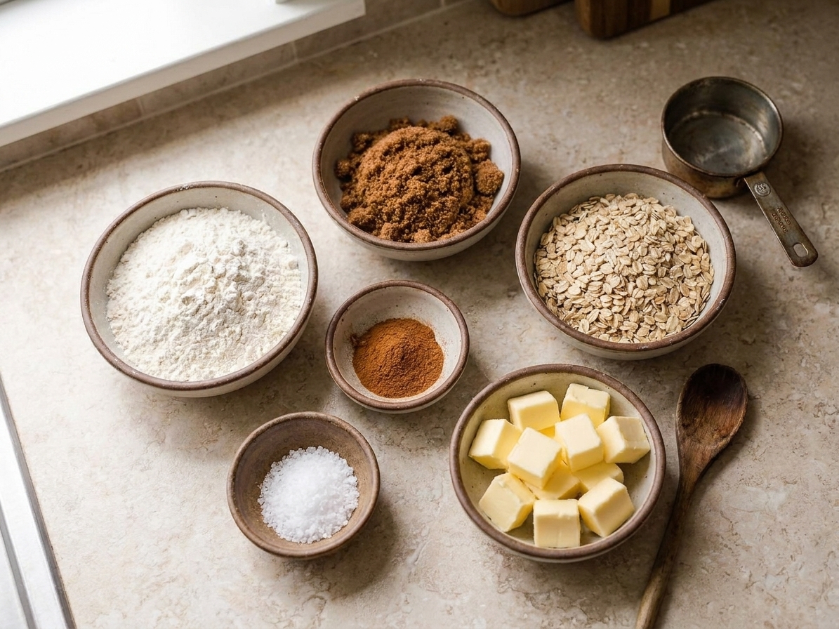Flour, brown sugar, rolled oats, cinnamon, salt, and cubed butter arranged on a neutral kitchen counter in small bowls
