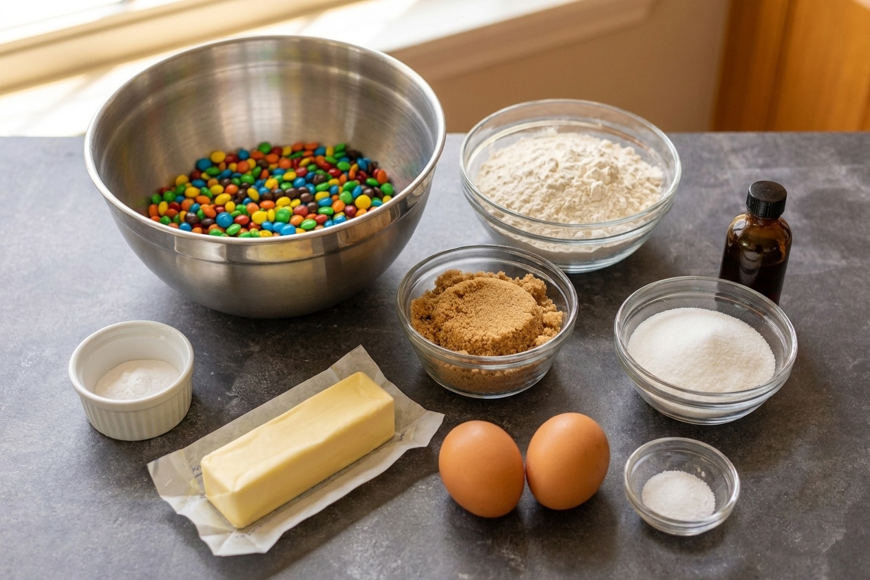 Flour, brown sugar, white sugar, butter, eggs, vanilla, baking soda, salt, and a bowl of colorful M&Ms arranged on a clean kitchen counter