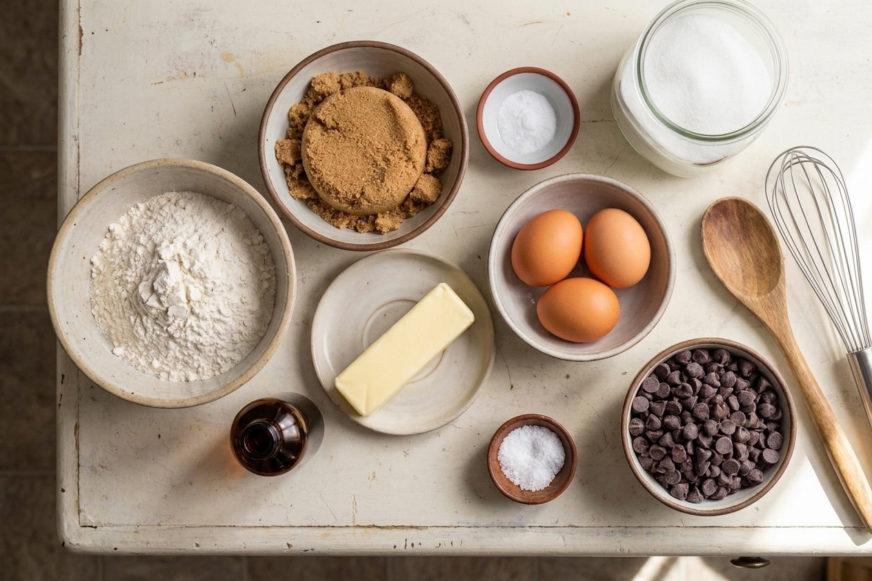Flour, brown sugar, white sugar, butter, eggs, vanilla, baking soda, salt, and chocolate chips arranged on a kitchen counter