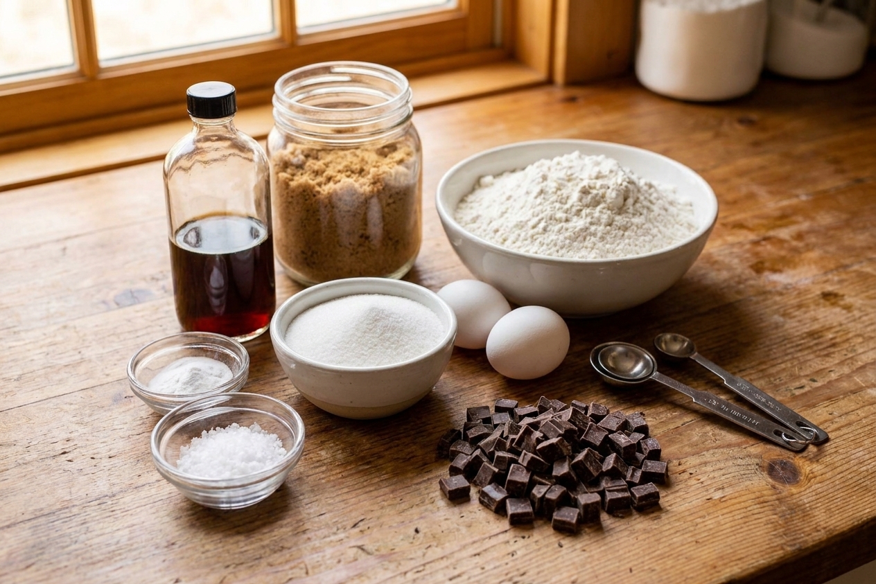 Flour, brown sugar, white sugar, eggs, vanilla, baking soda, salt, and chopped chocolate arranged on a kitchen counter with measuring spoons