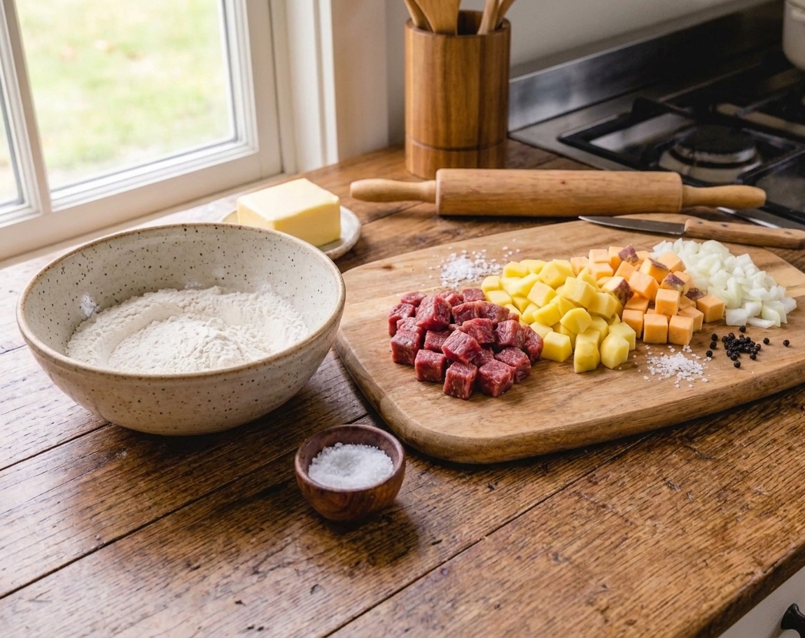 Flour, butter, diced beef, chopped potatoes, rutabaga, onion, and seasonings arranged on a bright kitchen counter