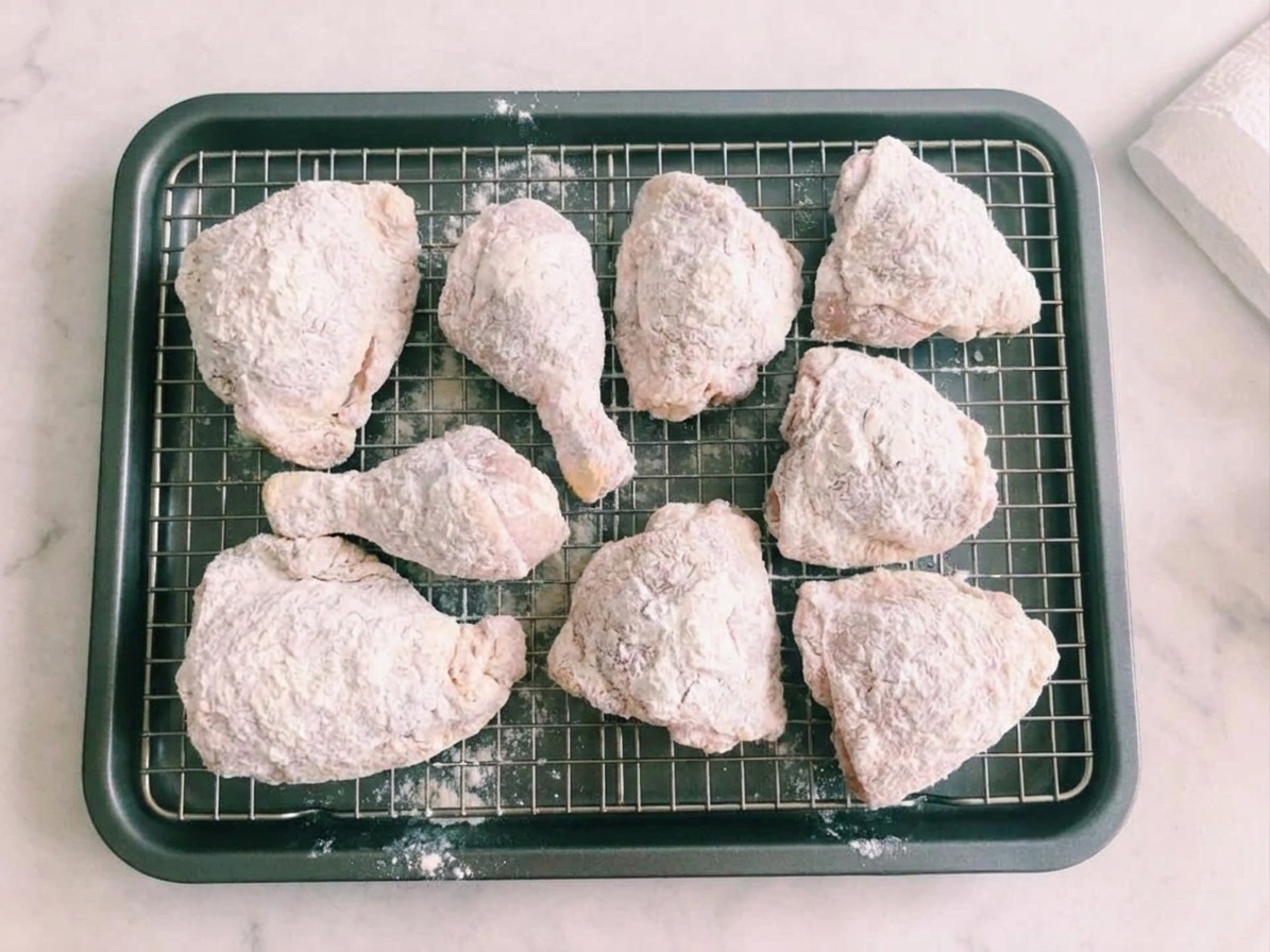 Flour-coated chicken pieces resting on a wire rack over a sheet pan on a kitchen counter, ready for baking