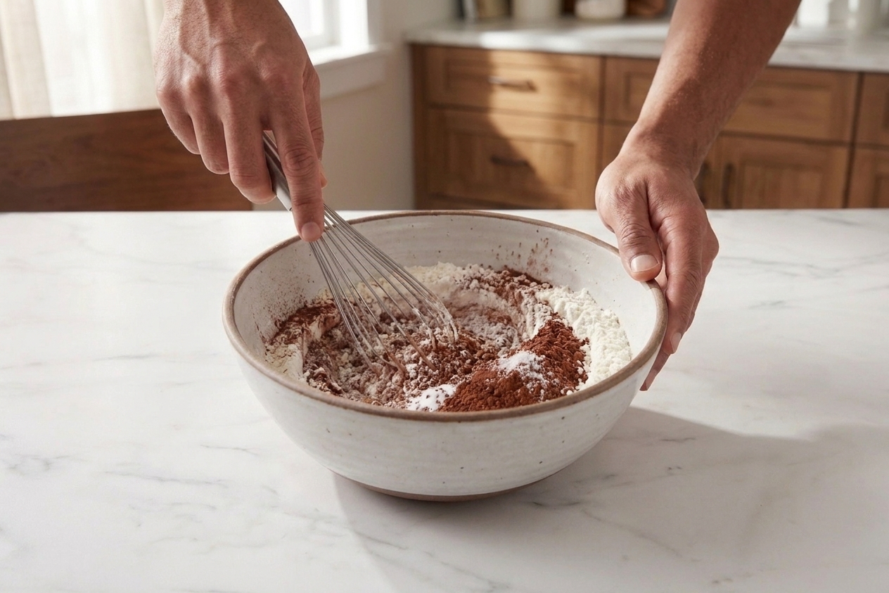 Flour, cocoa powder, baking soda, and salt being whisked together in a ceramic bowl on a kitchen counter