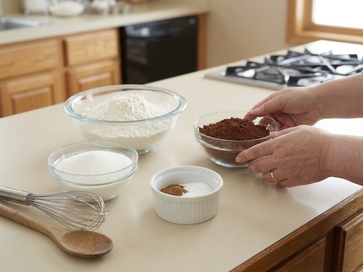 Flour, cocoa powder, sugar, and leaveners measured into separate bowls on a kitchen counter, ready for mixing