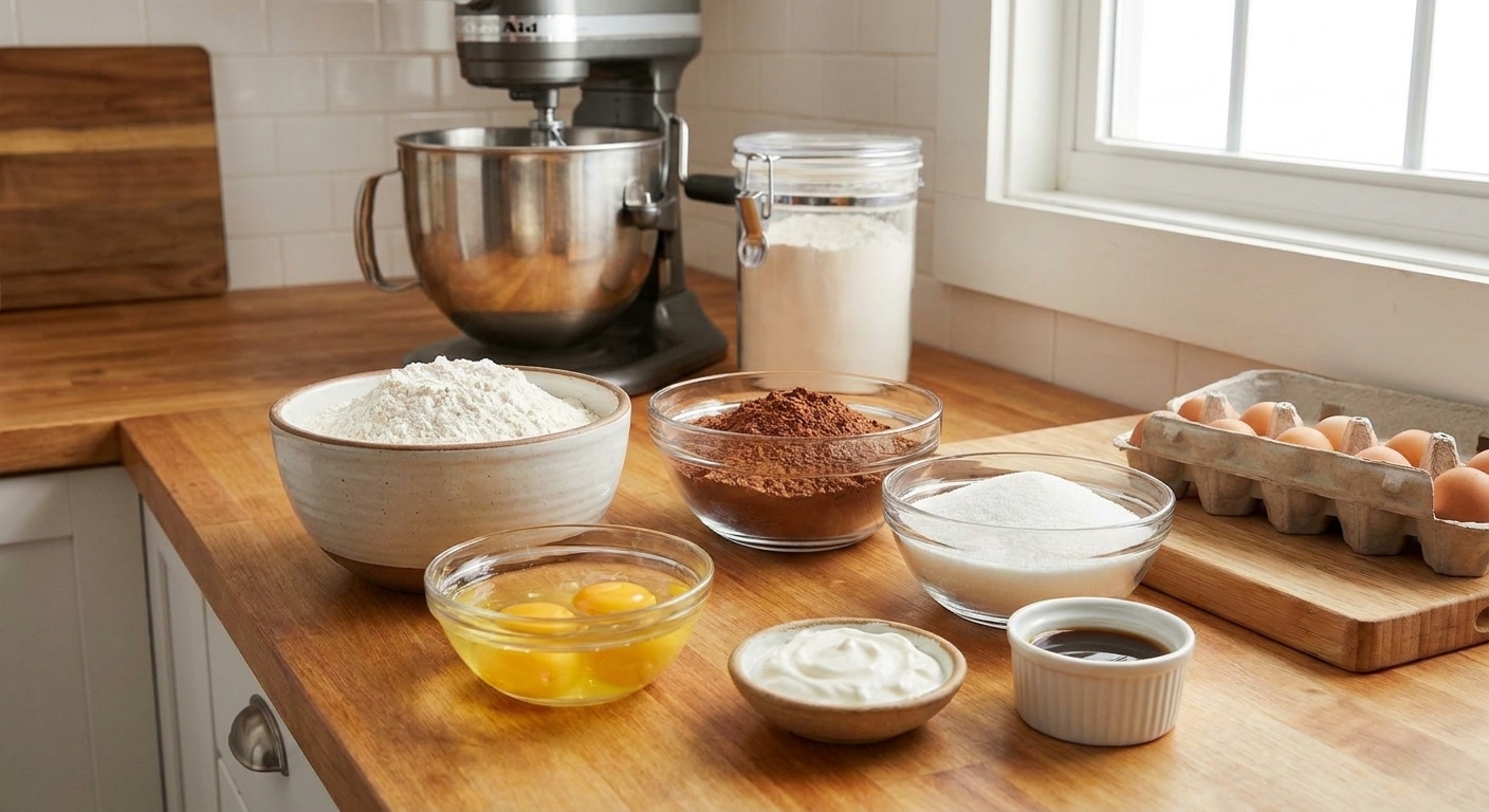 Flour, cocoa powder, sugar, eggs, sour cream, and vanilla measured in bowls on a kitchen counter ready for baking