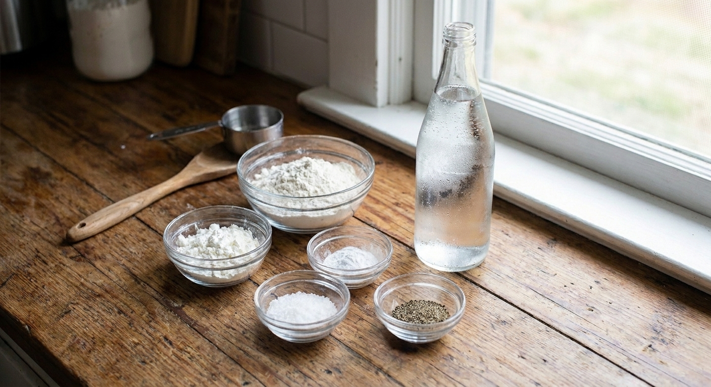 Flour, cornstarch, baking powder, salt, pepper, and a chilled bottle of sparkling water arranged on a kitchen counter.