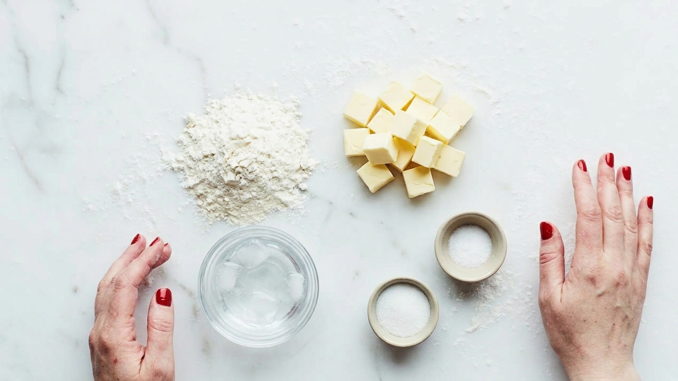 Flour, cubed butter, salt, sugar, and a small bowl of ice water arranged on a light kitchen counter