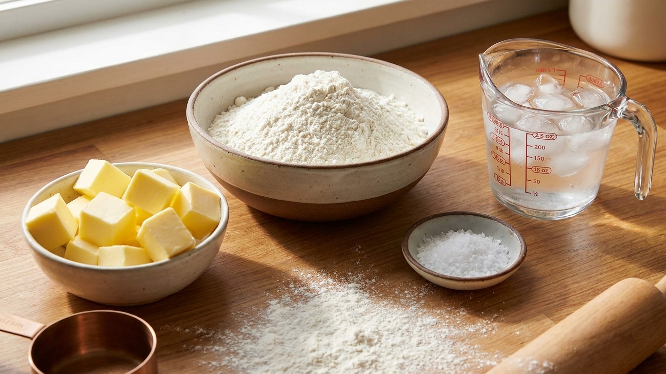 Flour, cubed cold butter, a small bowl of salt, and a cup of ice water arranged on a home kitchen counter
