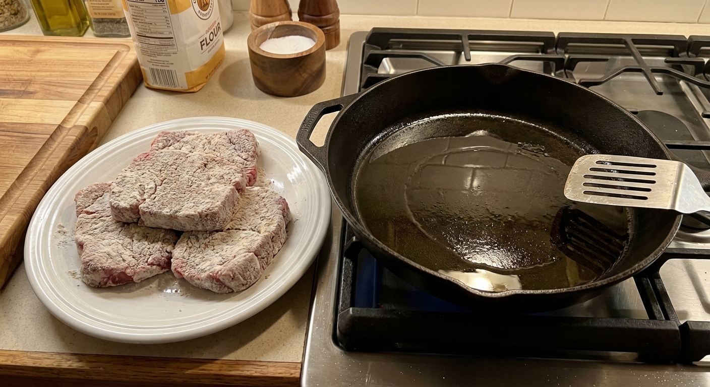 Flour-dredged cube steaks resting on a plate next to a skillet ready for frying