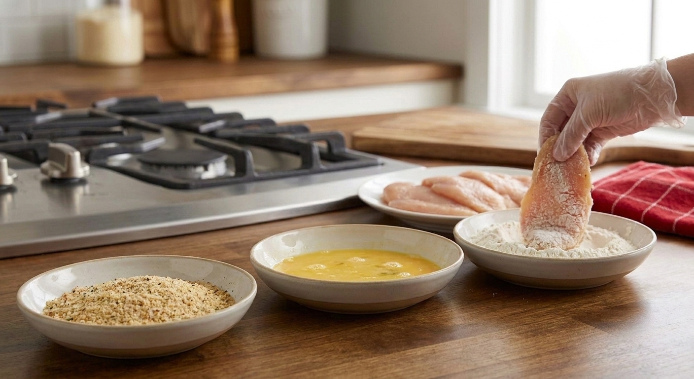 Flour, egg wash, and breadcrumb bowls set up with raw chicken cutlets ready for breading on a clean kitchen counter