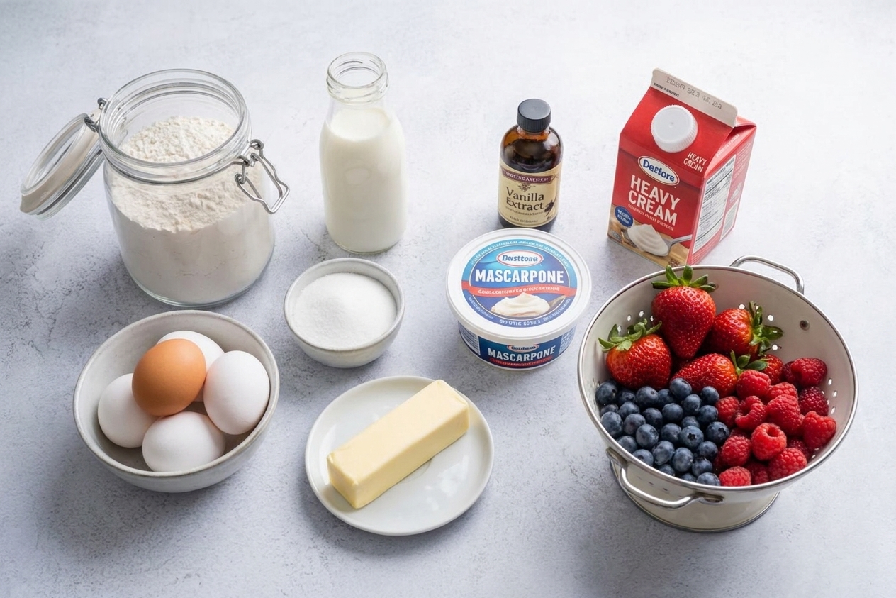 Flour, eggs, milk, sugar, butter, vanilla, mascarpone, heavy cream, and fresh berries arranged on a tidy kitchen counter