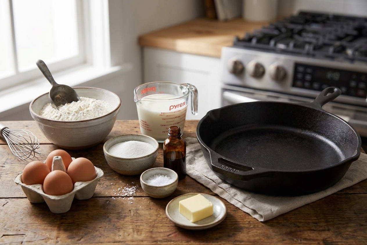 Flour, eggs, milk, sugar, salt, vanilla, and butter measured on a tidy kitchen counter next to a cast iron skillet