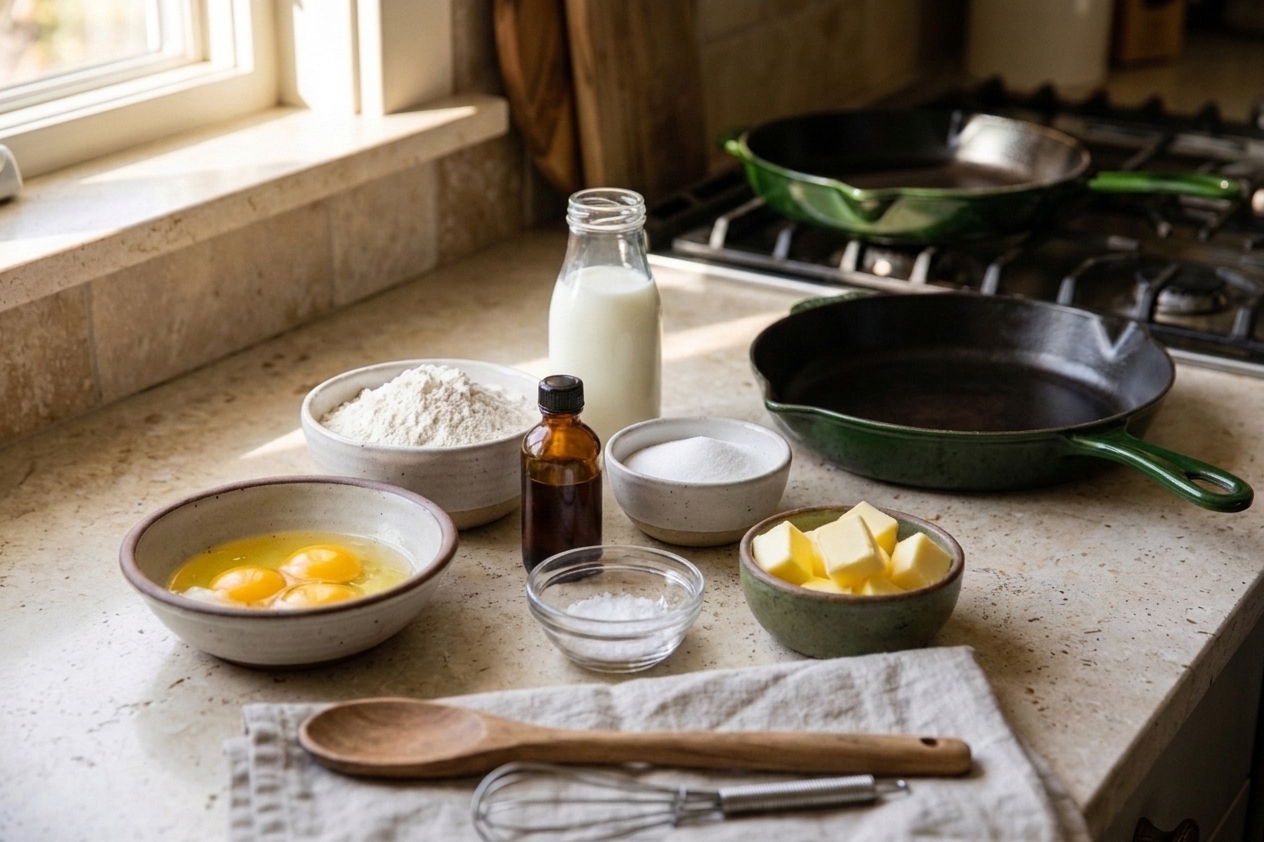 Flour, eggs, milk, sugar, vanilla, salt, and a stick of butter arranged on a bright kitchen counter with a cast iron skillet nearby