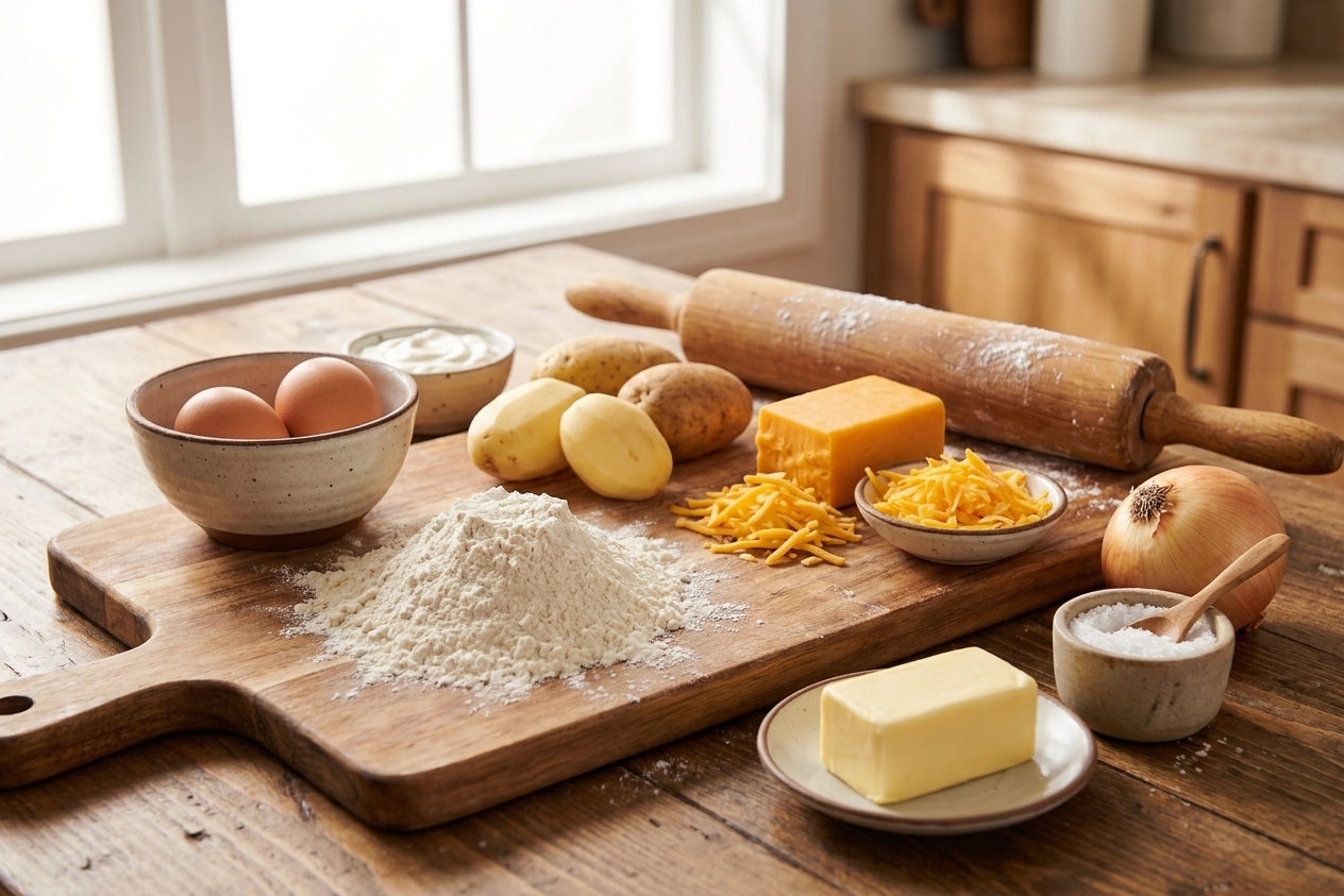 Flour, eggs, sour cream, potatoes, cheddar, onion, butter, and salt arranged on a bright kitchen counter with a wooden rolling pin