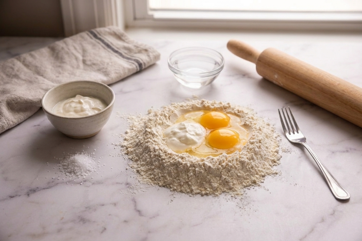 Flour, eggs, sour cream, salt, and a small bowl of water arranged on a clean kitchen counter, ready for making perogy dough