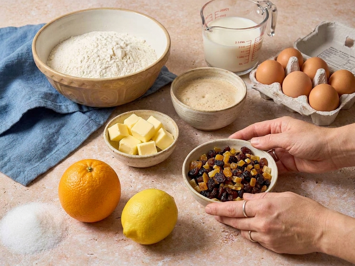 Flour, eggs, sugar, butter, milk, yeast, citrus, and dried fruit arranged and ready for baking