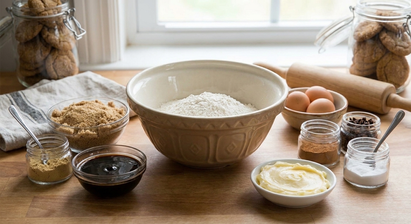 Flour, ground ginger, cinnamon, cloves, baking soda, molasses, brown sugar, butter, and eggs arranged on a tidy kitchen counter