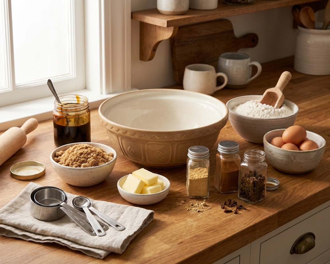 Flour, ground ginger, cinnamon, cloves, molasses, brown sugar, butter, and eggs arranged on a kitchen counter ready for baking