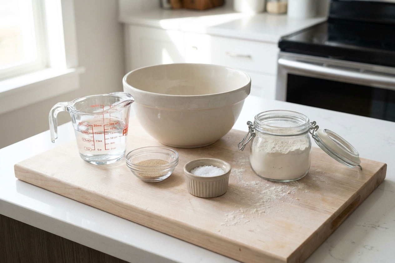 Flour, instant yeast, salt, and a measuring cup of water arranged on a clean kitchen counter with a mixing bowl
