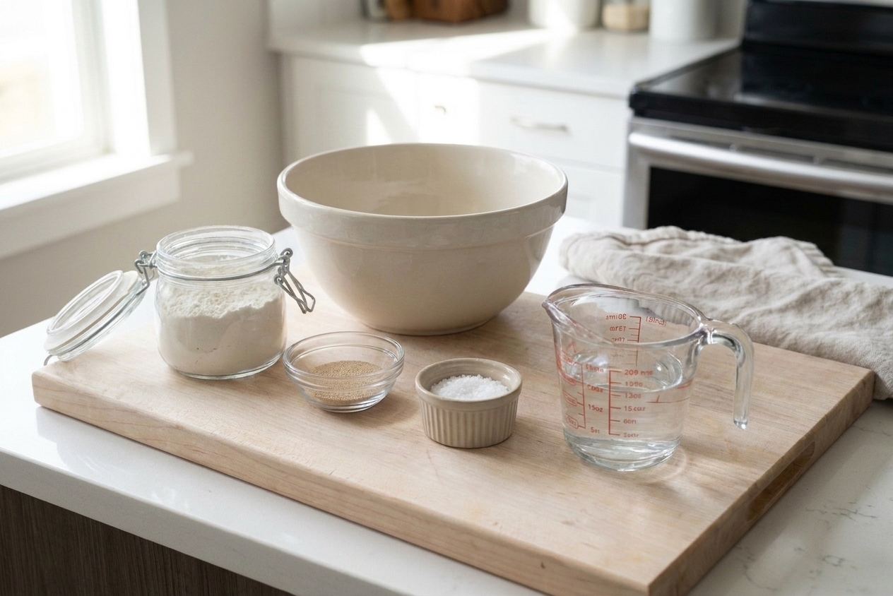 Flour, instant yeast, salt, and a measuring cup of water arranged on a clean kitchen counter with a mixing bowl