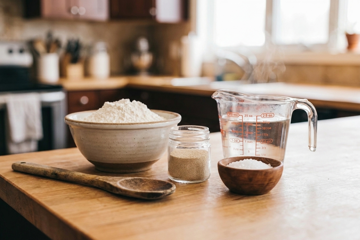Flour, instant yeast, salt, and warm water arranged on a kitchen counter with a wooden spoon