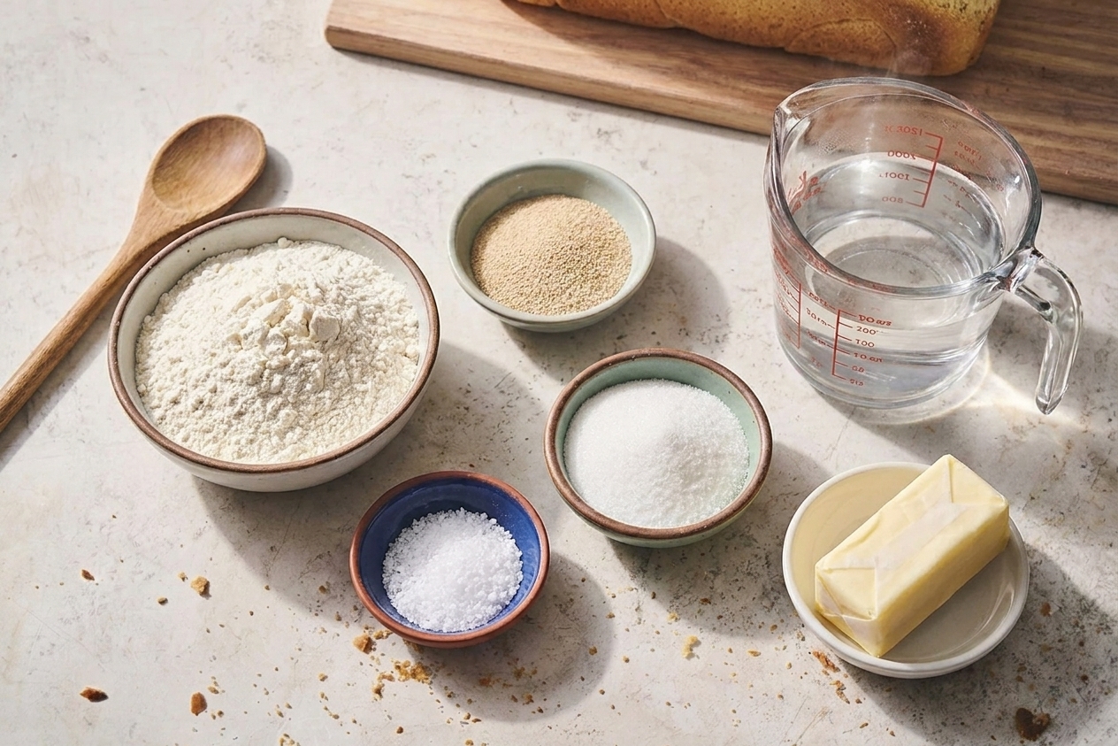 Flour, instant yeast, salt, sugar, butter, and a measuring cup of warm water arranged on a clean kitchen counter in natural light