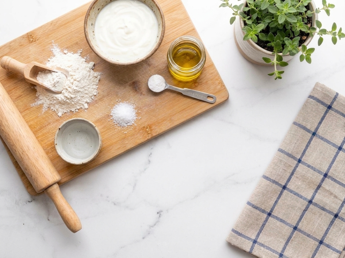 Flour, plain yogurt, olive oil, baking powder, salt, and a small bowl of water arranged on a bright kitchen counter, ready for making flatbread