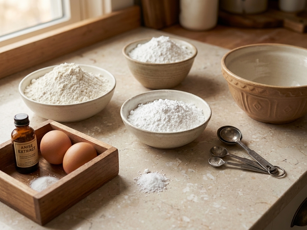 Flour, powdered sugar, eggs, anise extract, baking powder, and salt arranged on a light stone kitchen counter with measuring spoons and a mixing bowl