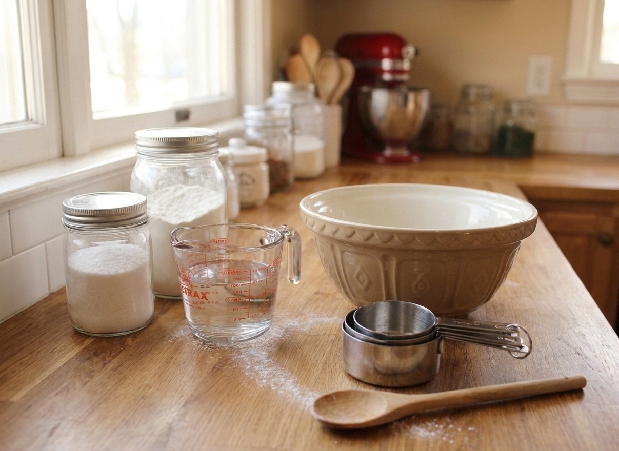 Flour, salt, and water measured out on a kitchen counter beside a mixing bowl and measuring cups in warm natural light