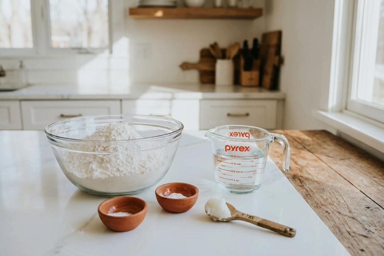 Flour, salt, baking powder, lard, and a measuring cup of warm water arranged on a bright kitchen counter, ready for tortilla making