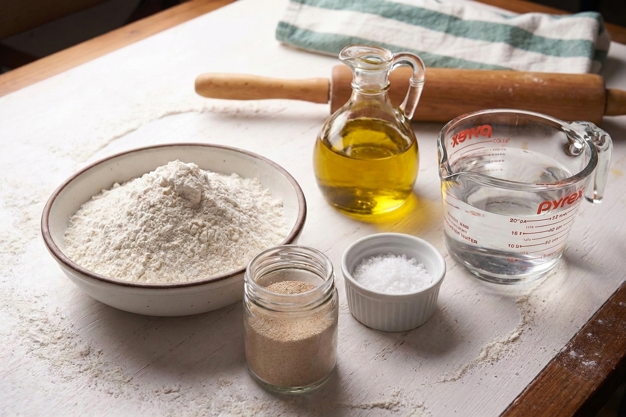 Flour, salt, instant yeast, olive oil, and warm water measured and ready on a kitchen counter