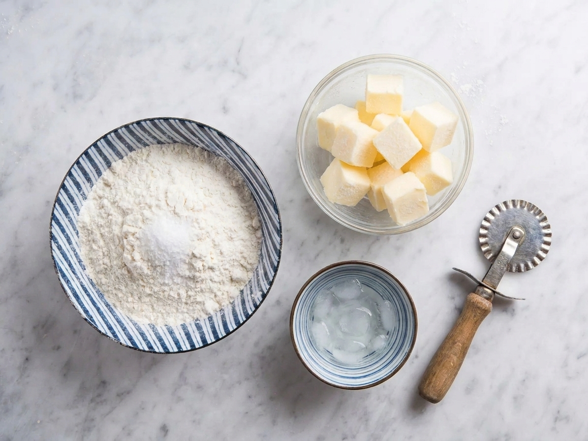 Flour, salt, sugar, cold cubed butter, and a small bowl of ice water arranged on a clean kitchen counter with a pastry cutter nearby