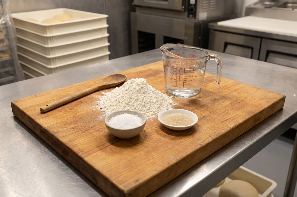 Flour, salt, yeast, and a measuring jug of water arranged on a wooden cutting board on a clean kitchen counter, ready to make pizza dough