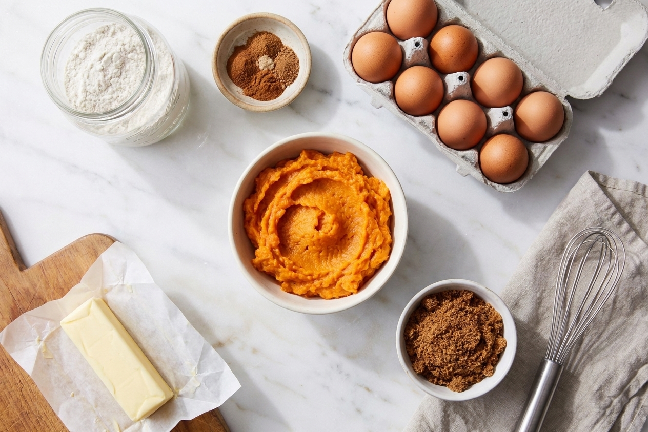 Flour, spices, eggs, mashed sweet potato, butter, and brown sugar arranged on a clean kitchen counter