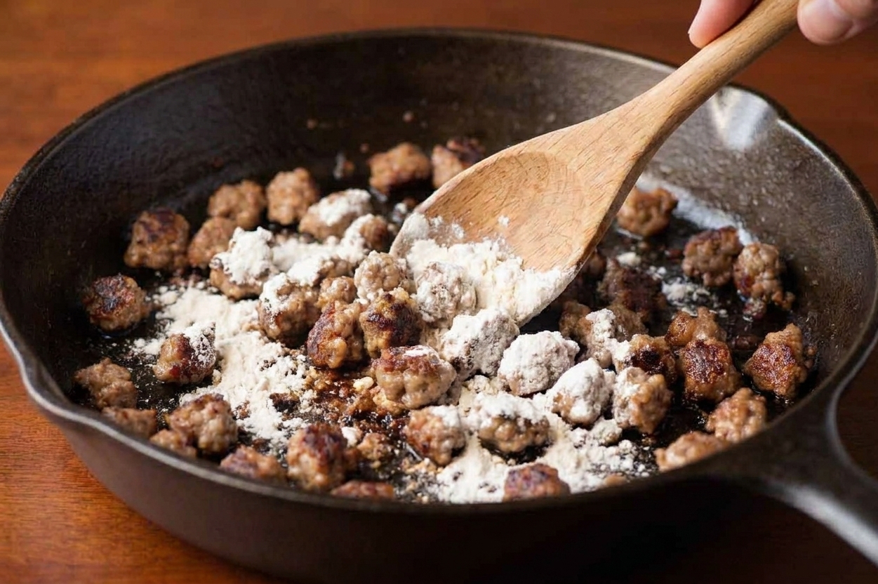 Flour stirred into browned sausage in a skillet, forming a thick, paste-like coating before adding milk