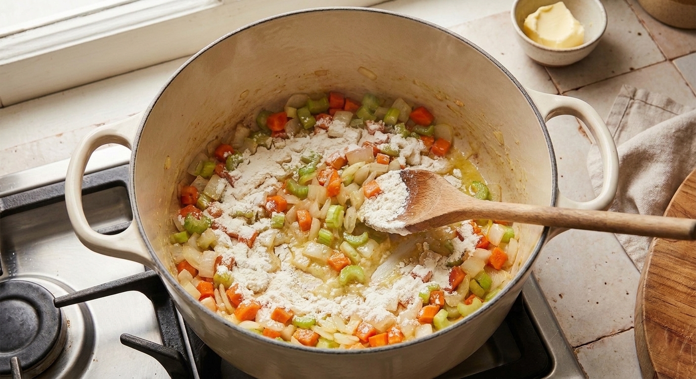 Flour stirred into sautéed vegetables in a pot, forming a thick paste at the bottom