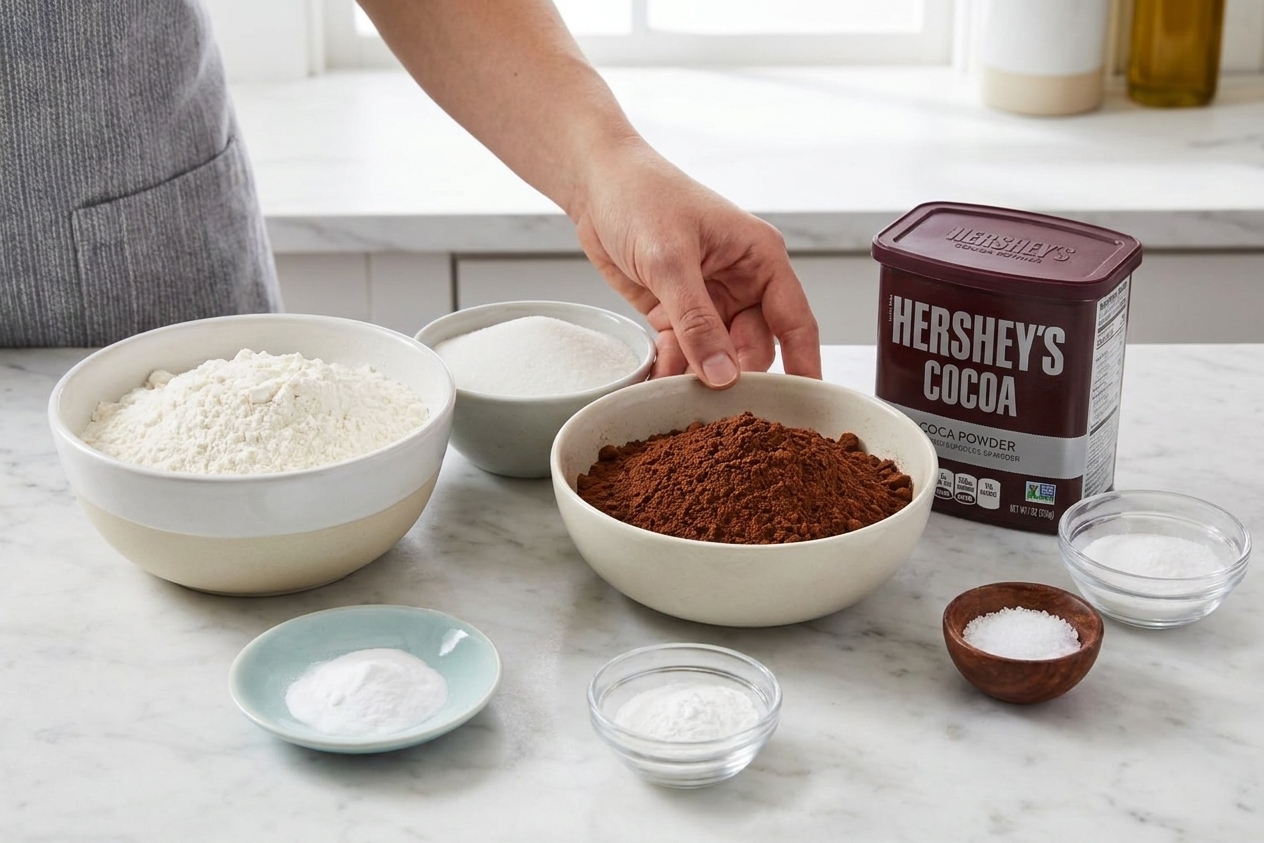 Flour, sugar, Hershey cocoa powder, baking soda, baking powder, and salt measured in bowls on a clean kitchen counter