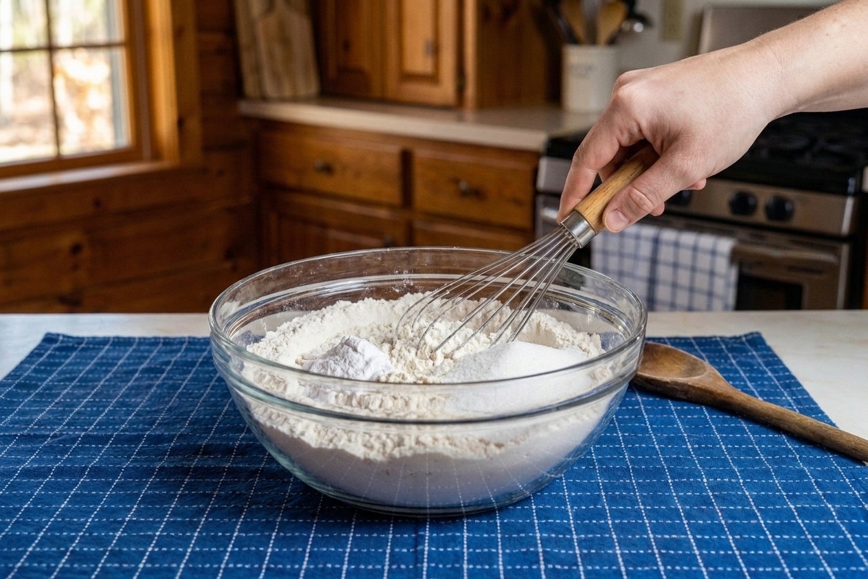Flour, sugar, baking powder, and salt being whisked together in a large mixing bowl