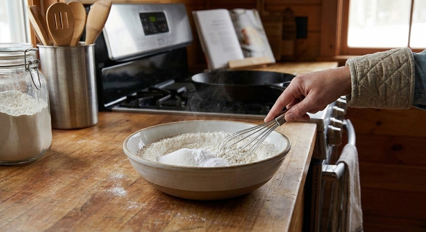 Flour, sugar, baking powder, baking soda, and salt being whisked together in a large mixing bowl on a kitchen counter