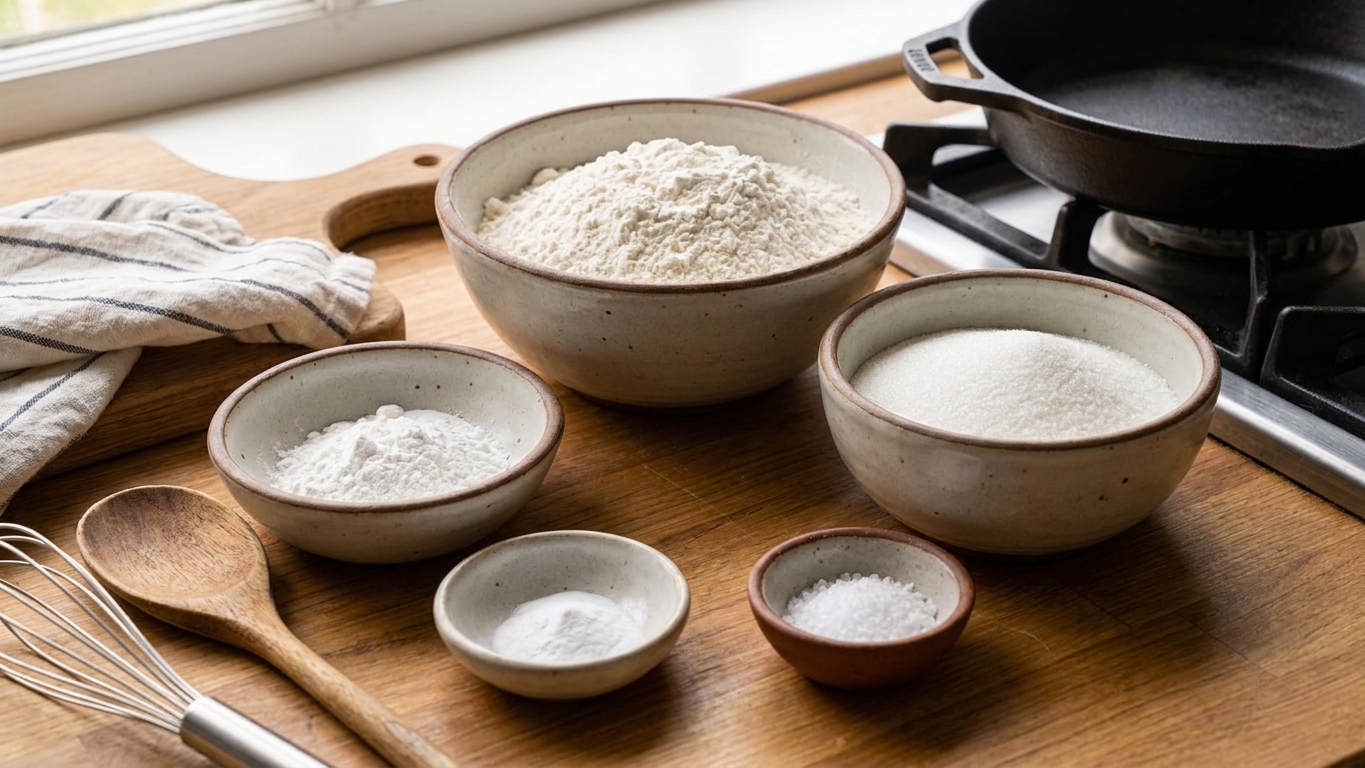 Flour, sugar, baking powder, baking soda, and salt measured into bowls on a kitchen counter